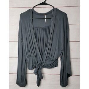 Free People Blouse Womens Black Knit That's A Wrap Bell Sleeve Crop Top - XS